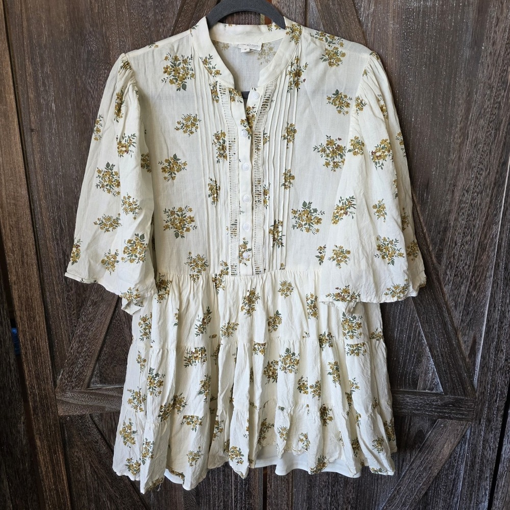 Light Cream Floral Mini Dress with Pintuck Front